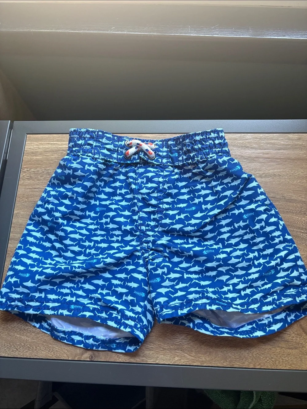 Set of 3 Comfy 18m Shorts - Light Blue, Red, and 1 Navy Shark Print bathing suit